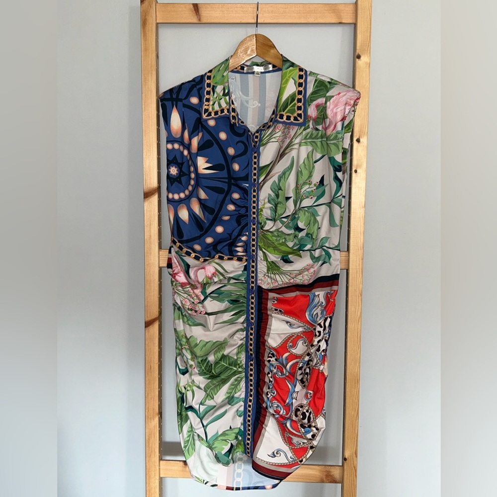HER BOTTARI “Versace” Print, Button-Front Ruched Sleeveless Dress Size L